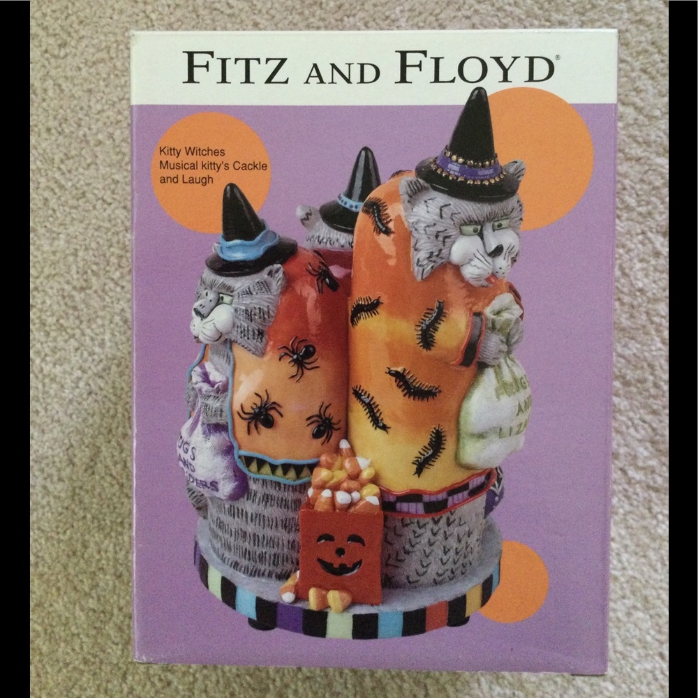 Fitz & Floyd Kitty Witches Musical Halloween Figurine Cat Cackle & Laugh 8” x 5